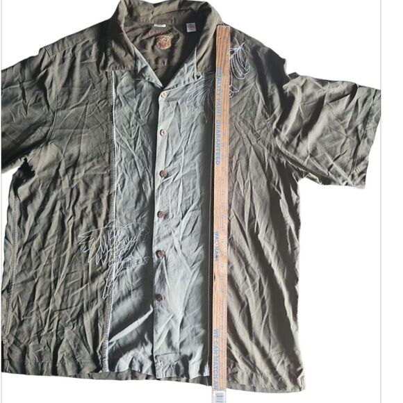 Caribbean 100% Silk Embroidered Tropical Camp Shirt Olive Green Relaxed Fit  XL - Picture 9 of 11